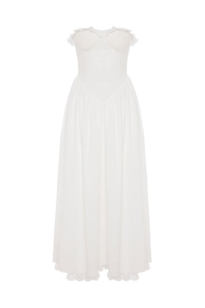 strapless corset tulle midi dress in white White Lace Strapless Sweetheart Neck Corset Bodice Tulle Midi Prom Dre   Koutun Dress