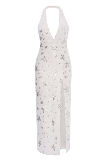 maxi white sequin dress Andromeda Star-Motif Sequin Halter Gown — White | Luxury Evening Dress for  Women