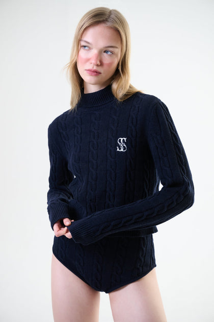 Montagne Cashmere Cable-Knit Cropped Turtleneck Sweater — Navy
