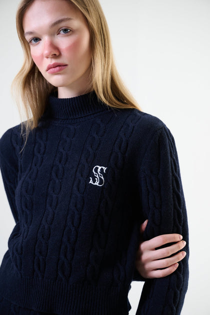 Montagne Cashmere Cable-Knit Cropped Turtleneck Sweater — Navy