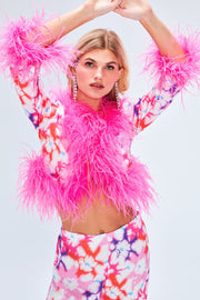 RITZY SILK BLOUSE IN PINK WITH FEATHER EMBELLISHMENT
