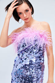 ELYSIUM SEQUIN DRESS WITH FEATHER EMBELLISHMENT