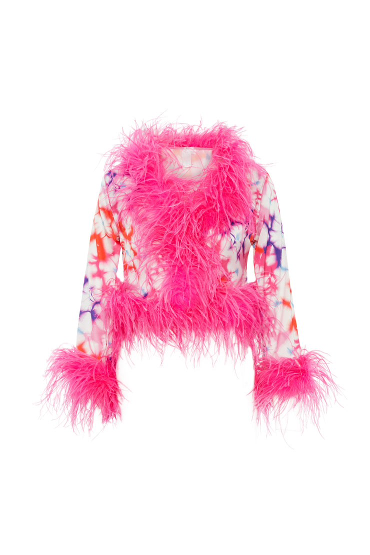 RITZY SILK BLOUSE IN PINK WITH FEATHER EMBELLISHMENT