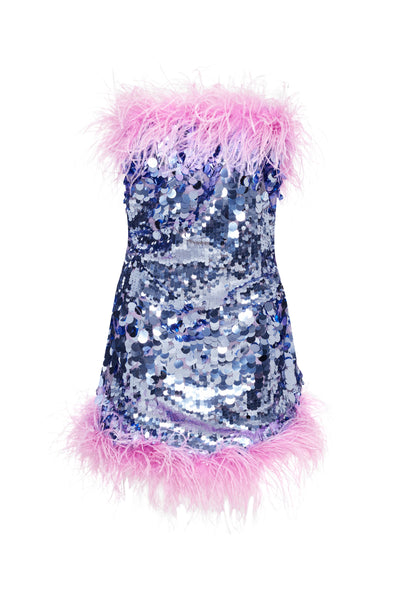 ELYSIUM SEQUIN DRESS WITH FEATHER EMBELLISHMENT