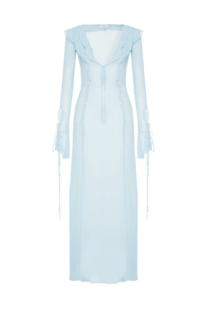 Andrina Chiffon Long-Sleeve Ruffled Dress — Blue | Luxury Beach Cover-Up  for Women
