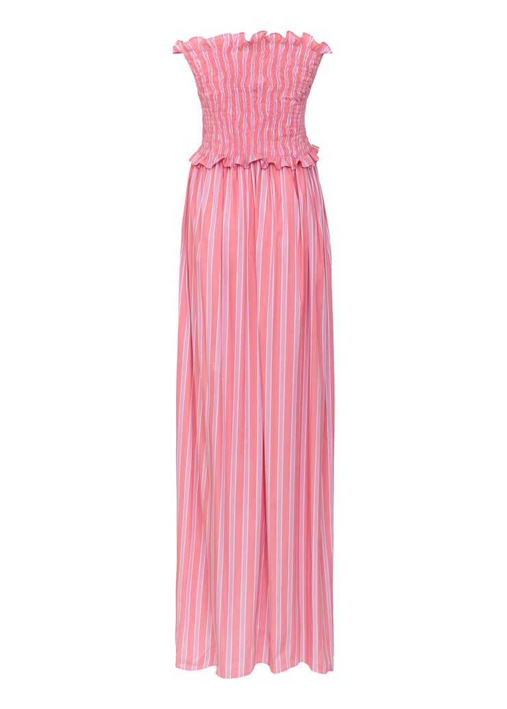 Cinch Striped Smocked Maxi Dress in Cotton Blend Guava Star | Luxury Dress for Women | Sandshaped L Cinch Striped Smocked Maxi Dress in Cotton Blend Guava Star | Luxury Dress for Women | Sandshaped L