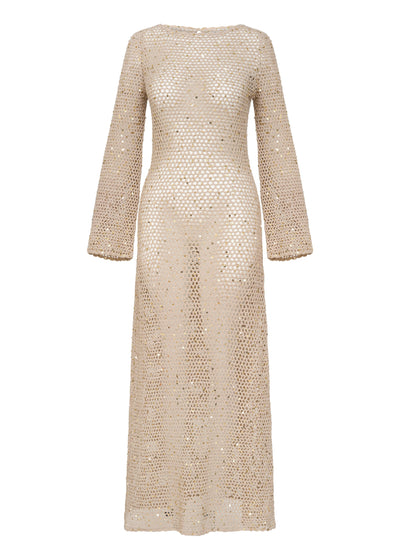 knit sequin maxi dress Taupe PrettyLittleThing Sequin Knit Fringe Hem Maxi Dress