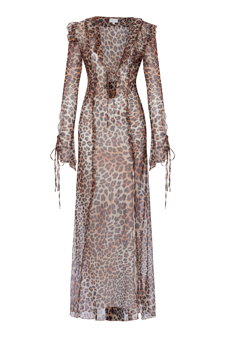 cheetah long sleeve dress Andrina Chiffon Long-Sleeve Ruffled Dress — Cheetah | Luxury Beach Cover-Up for Women
