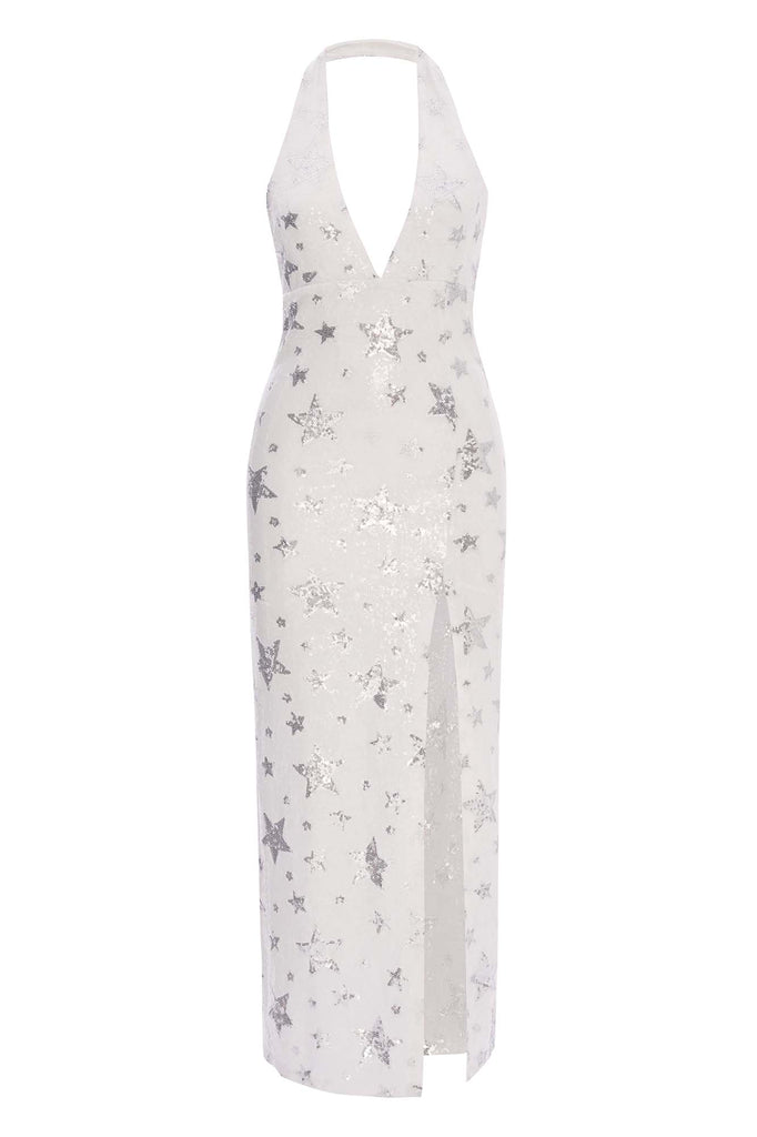 silver sequin backless maxi dress Zaira Silver Sequin High-Neck Maxi Dress With Open-Back – Club L London main image 1