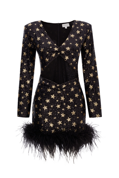 Myriam Sequin Shoulder-Pad Mini Dress — Black | Luxury Evening Dress for Women