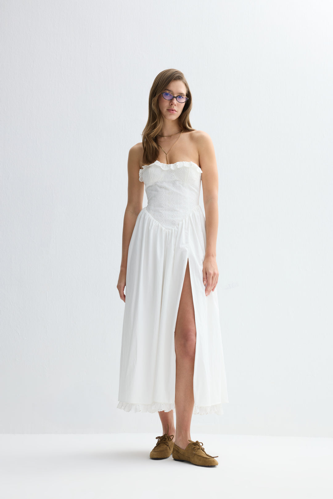 jolene midi dress Jolene White Broderie Poplin Strapless Midi Dress | Luxury Dress for Women