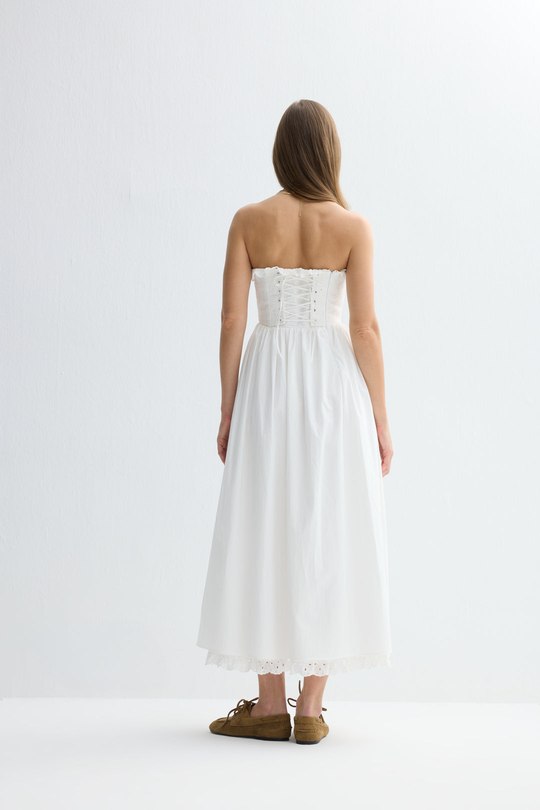 jolene midi dress Jolene White Broderie Poplin Strapless Midi Dress | Luxury Dress for Women