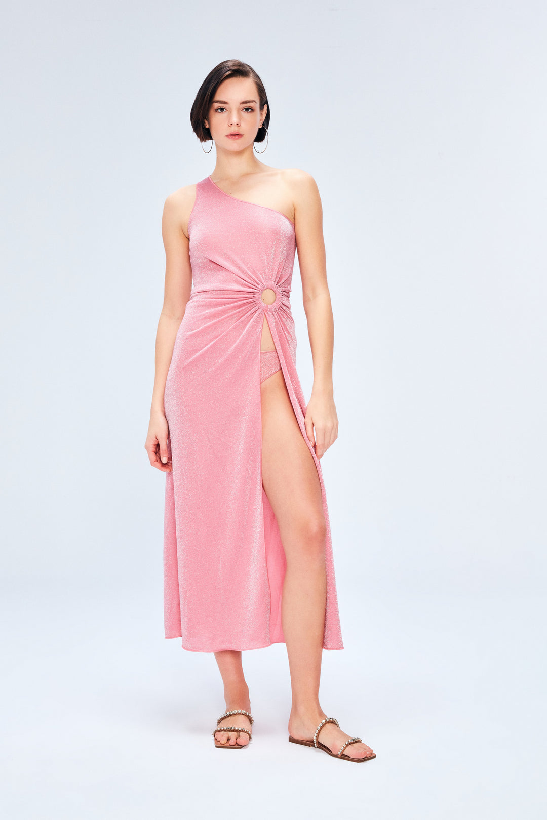 open lace back dress Esmeralda Sexy One Shoulder Velvet Sequins Mini Homecoming Dresses, Hot Pink main image 0