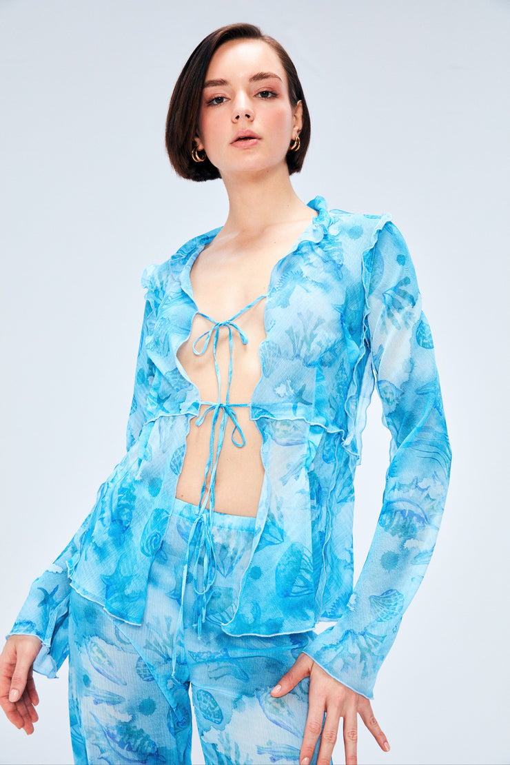 Aqua Sheer Print Ruffled Blouse Blue