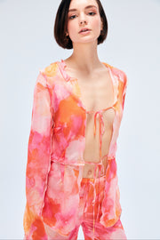 Aqua Sheer Print Ruffled Blouse Orange