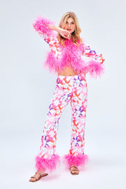 RITZY SILK TROUSERS IN PINK WITH FEATHER EMBELLISHMENT