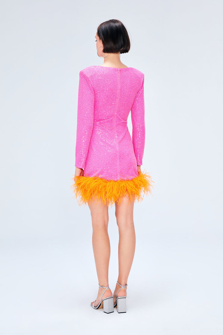 Myriam Sequin Dress With Feather Embellishment In Berry Sandshaped