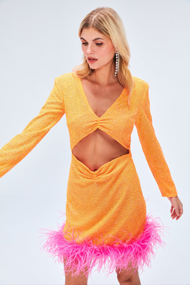 Myriam Sequin Dress With Feather Embellishment In Tangerine Sandshaped