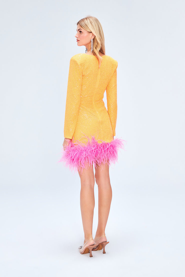 Myriam Sequin Dress With Feather Embellishment In Tangerine Sandshaped