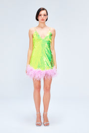 Rococo Sequin Dress With Feather Embellishment In Neon Yellow Sandshaped