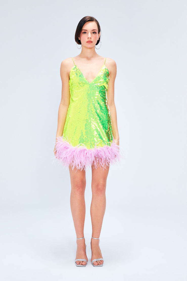 Rococo Sequin Dress With Feather Embellishment In Neon Yellow Sandshaped