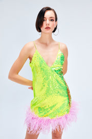 Rococo Sequin Dress With Feather Embellishment In Neon Yellow Sandshaped