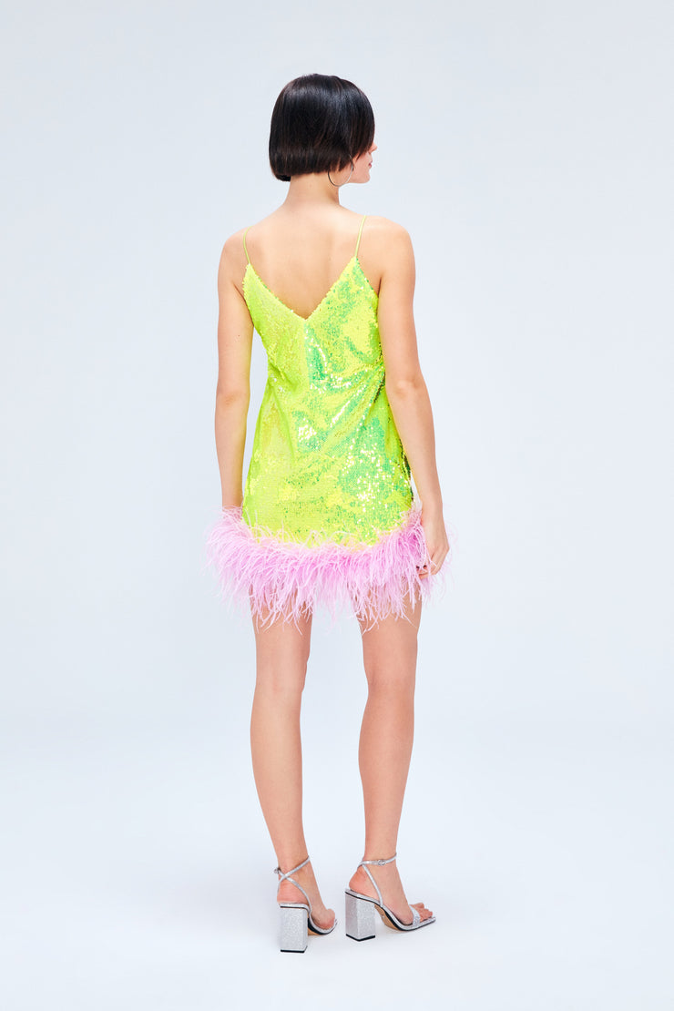 ROCOCO SEQUIN DRESS IN NEON YELLOW WITH FEATHER EMBELLISHMENT