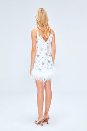 ROCOCO SEQUIN DRESS IN WHITE STAR WITH FEATHER EMBELLISHMENT