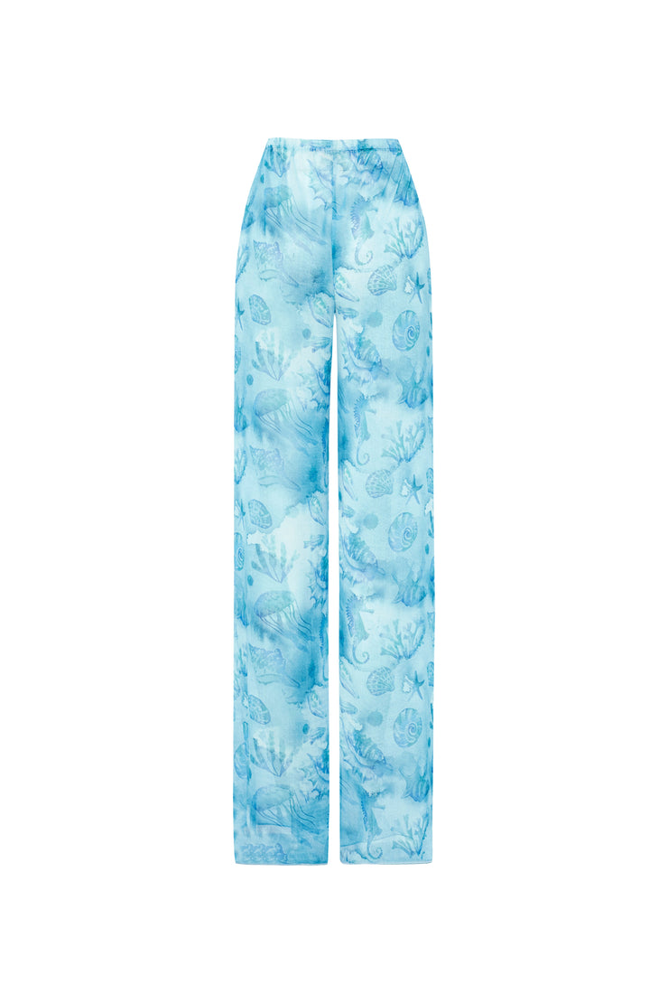 Aqua Sheer Print Beach Trousers Blue