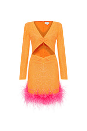 Myriam Sequin Dress With Feather Embellishment In Tangerine Sandshaped
