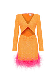 MYRIAM SEQUIN DRESS IN TANGERINE WITH FEATHER EMBELLISHMENT