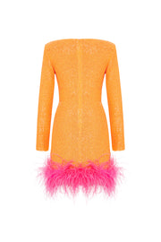Myriam Sequin Dress With Feather Embellishment In Tangerine Sandshaped