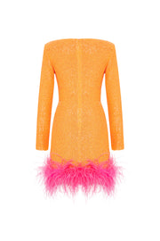 MYRIAM SEQUIN DRESS IN TANGERINE WITH FEATHER EMBELLISHMENT