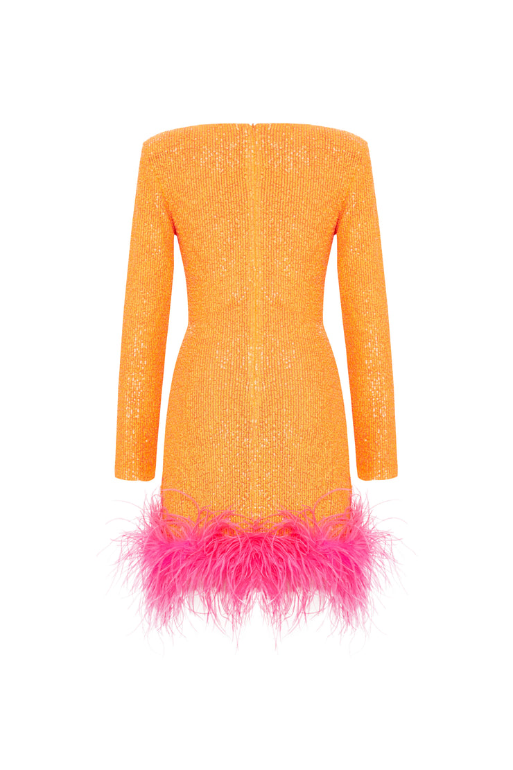 Myriam Sequin Dress With Feather Embellishment In Tangerine Sandshaped