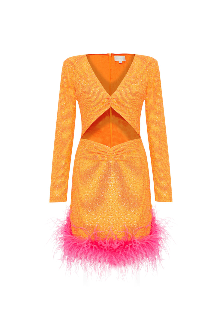 Myriam Sequin Dress With Feather Embellishment In Tangerine Sandshaped
