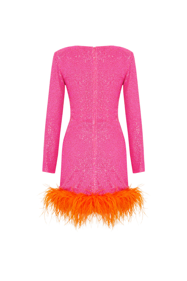 Myriam Sequin Dress With Feather Embellishment In Berry Sandshaped