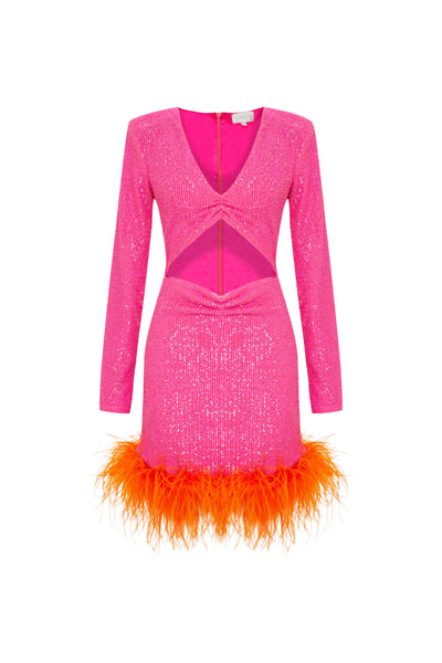 Myriam Sequin Dress With Feather Embellishment In Berry Sandshaped