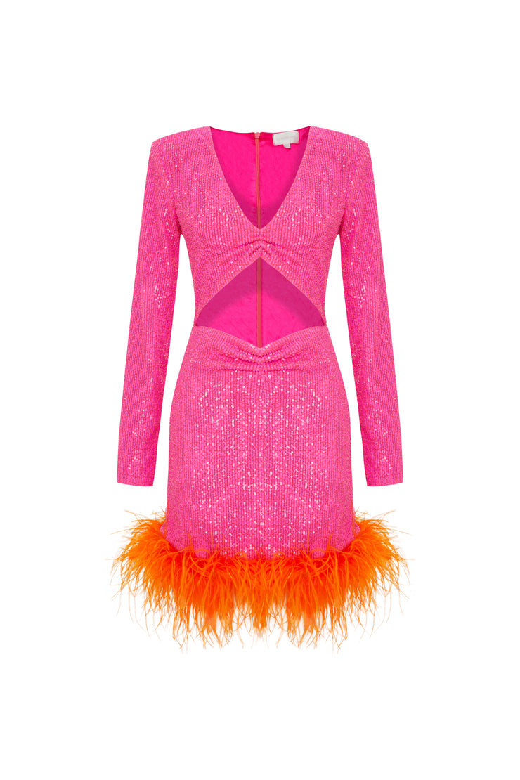 Myriam Sequin Dress With Feather Embellishment In Berry Sandshaped