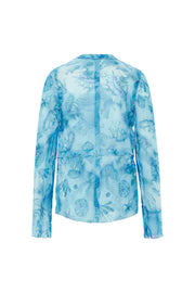 Aqua Sheer Print Ruffled Blouse Blue