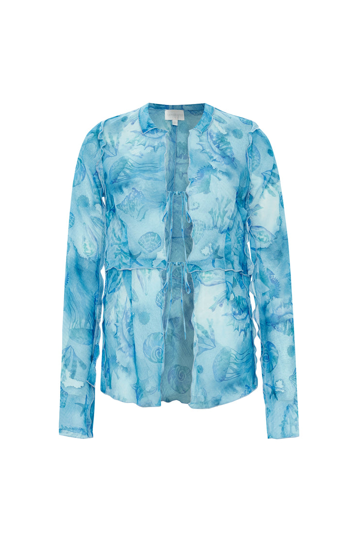 Aqua Sheer Print Ruffled Blouse Blue