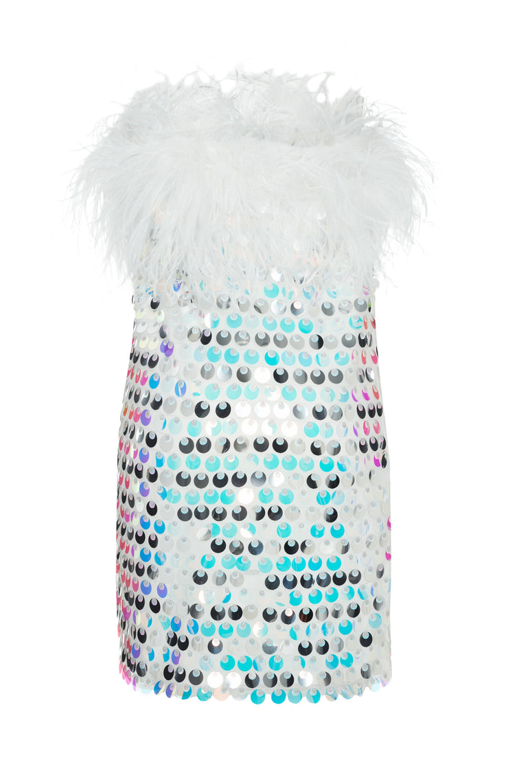 CLOVER SEQUIN DRESS WITH FEATHER EMBELLISHMENT