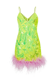 Rococo Sequin Dress With Feather Embellishment In Neon Yellow Sandshaped