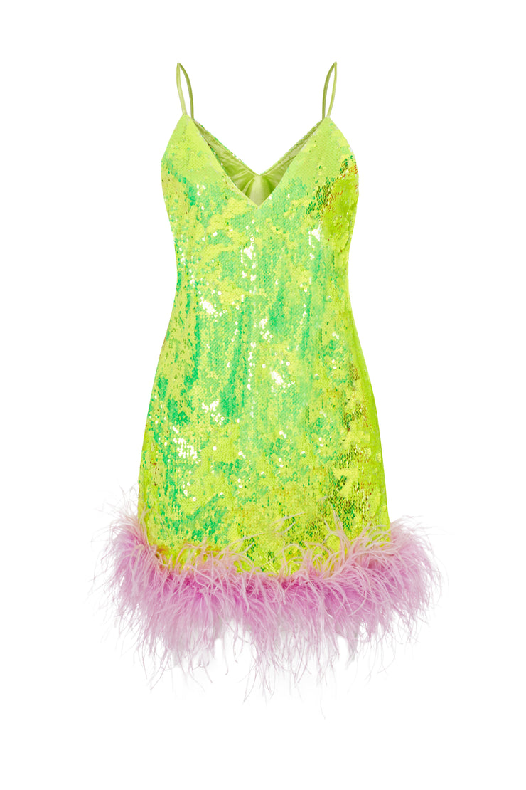 Rococo Sequin Dress With Feather Embellishment In Neon Yellow Sandshaped