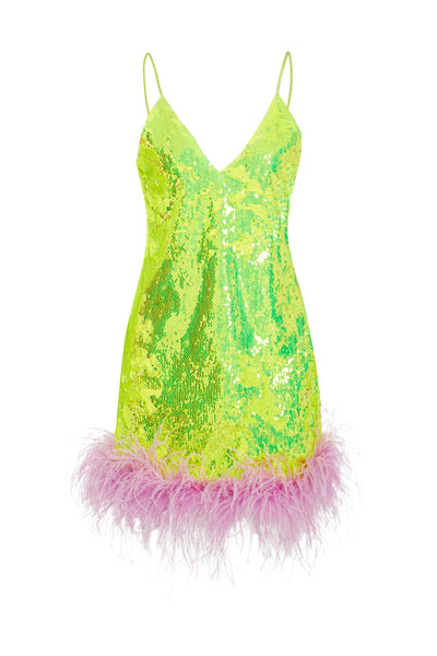 ROCOCO SEQUIN DRESS IN NEON YELLOW WITH FEATHER EMBELLISHMENT