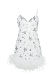 ROCOCO SEQUIN DRESS IN WHITE STAR WITH FEATHER EMBELLISHMENT
