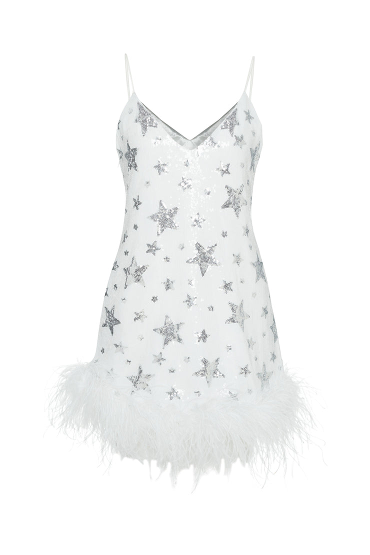 ROCOCO SEQUIN DRESS IN WHITE STAR WITH FEATHER EMBELLISHMENT