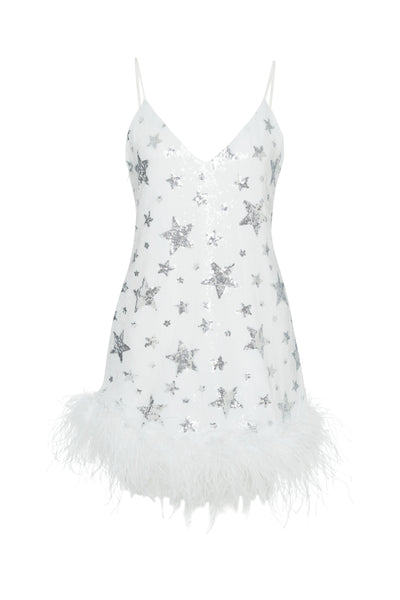 ROCOCO SEQUIN DRESS IN WHITE STAR WITH FEATHER EMBELLISHMENT